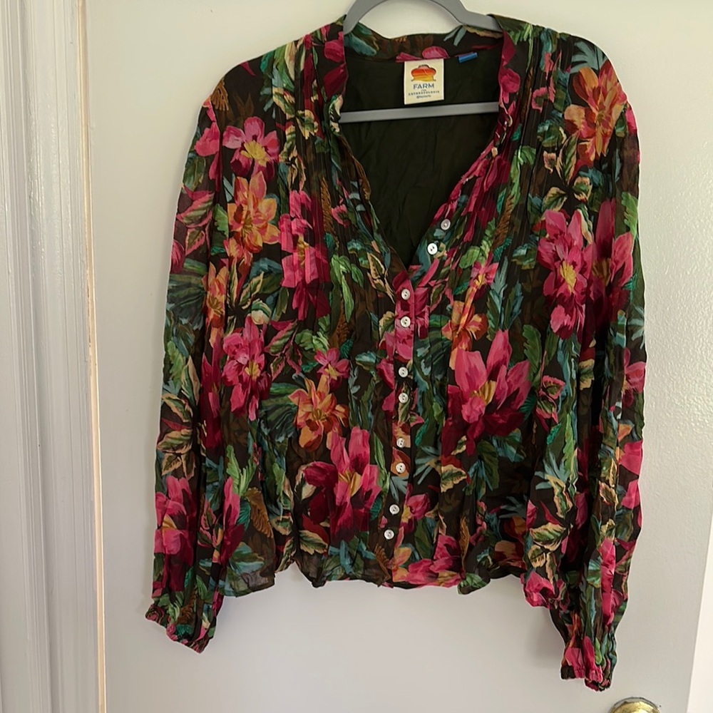 FARM Rio Pink and Red Floral Print Long Sleeve Blouse with Mandarin Collar